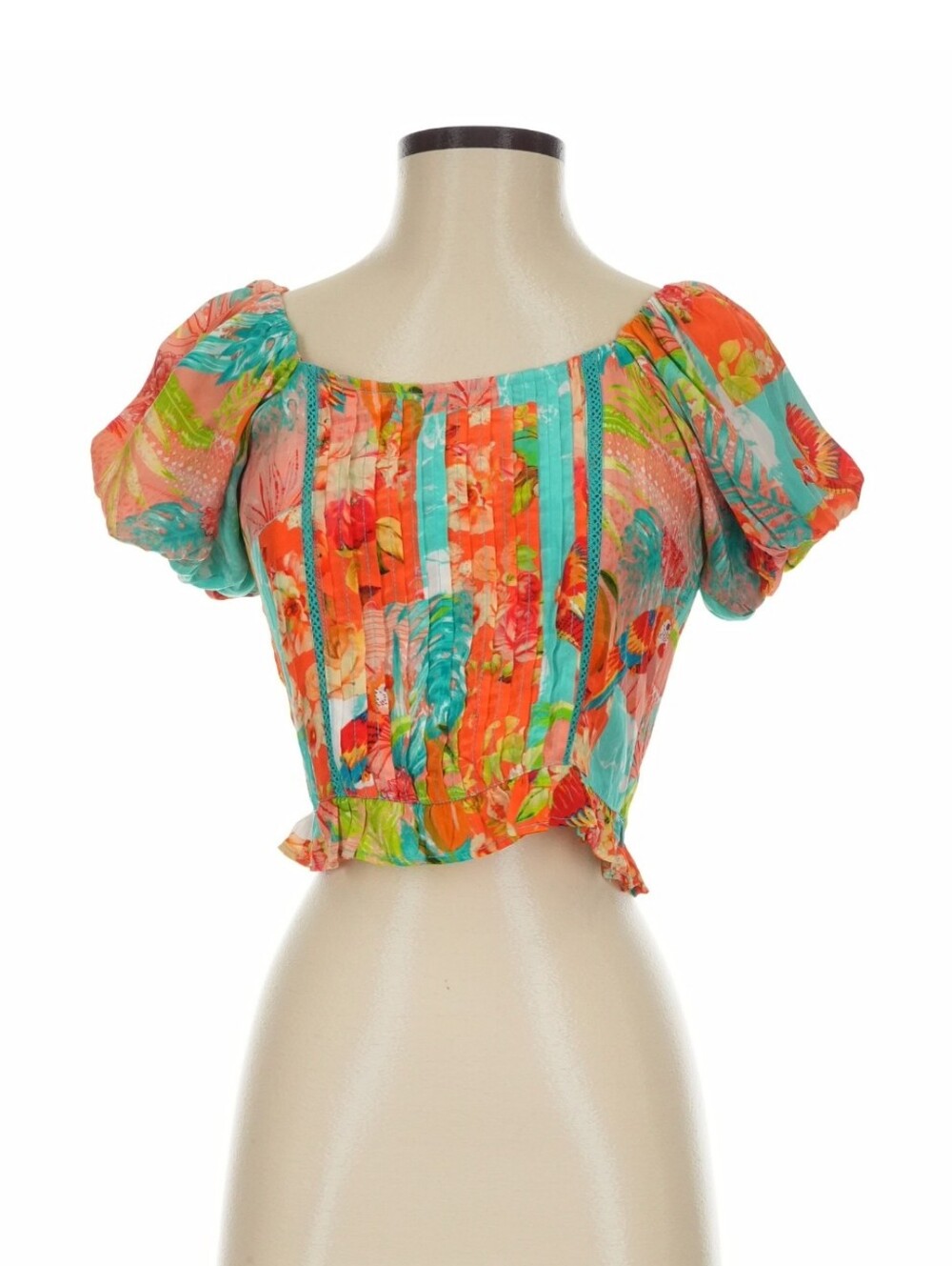 Mahila Gaia Tropical Print Cupro Crop Top with Puff Sleeves Ruffle Hem